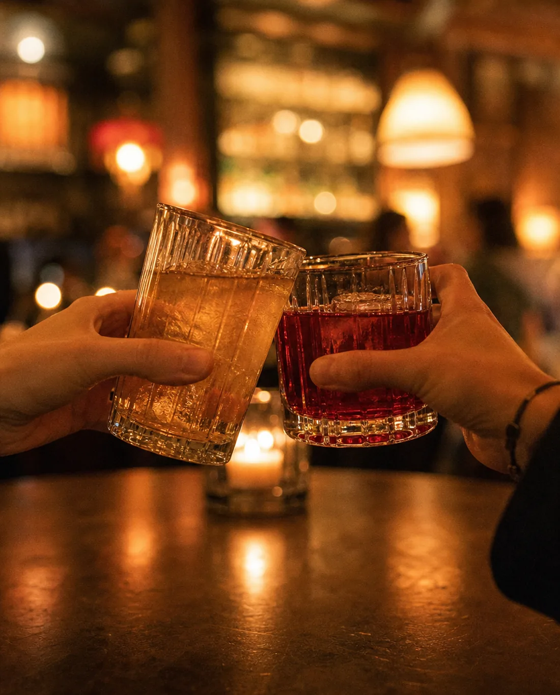 Zwei Hände stoßen mit Drinks an einer Bar an