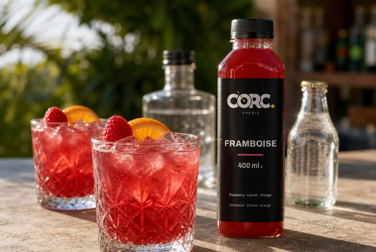 Zwei Framboise Drinks zwischen einer Gin Flasche und einer Flasche Sprudelwasser