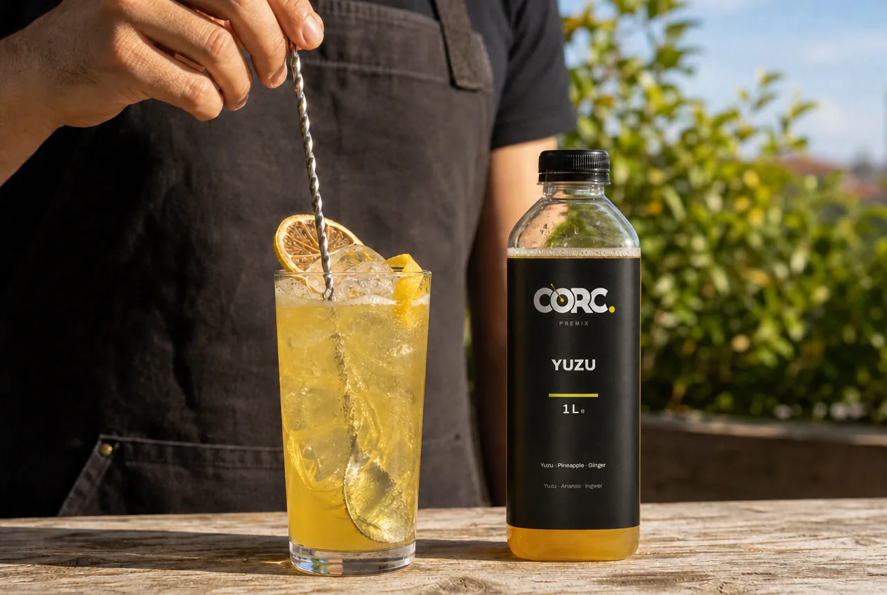 CORC Yuzu Flasche neben einem Glas, das mit einem Barlöffel gerührt wird