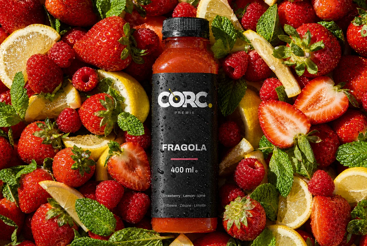 CORC Fragola Flasche zwischen frischen Erdbeeren, Himbeeren, Zitronen und Minze