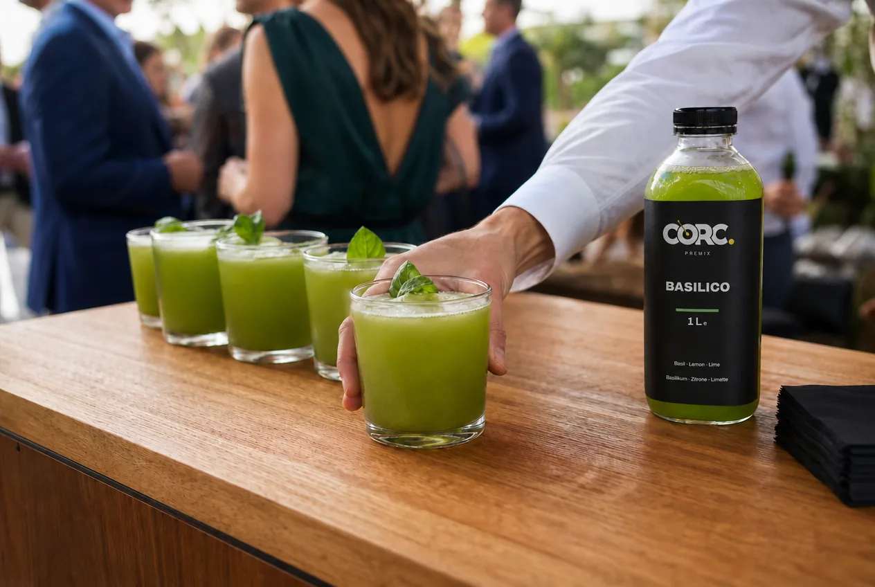 CORC Basilico Flasche auf einem Tresen, daneben eine Reihe fertiger Drinks